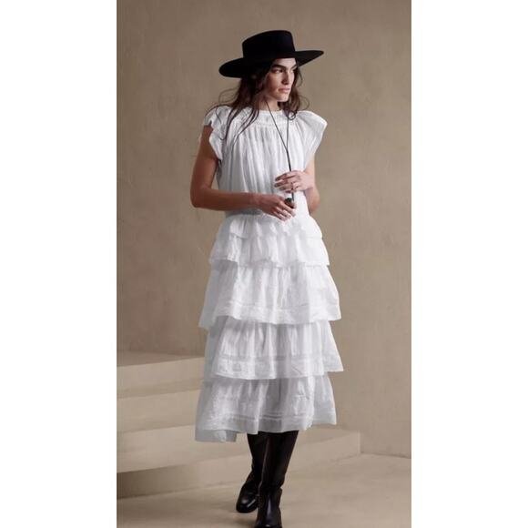 NWT Banana Republic Selene Embroidered Ruffle Tiered Midi Dress Women Sz L White - Picture 1 of 8